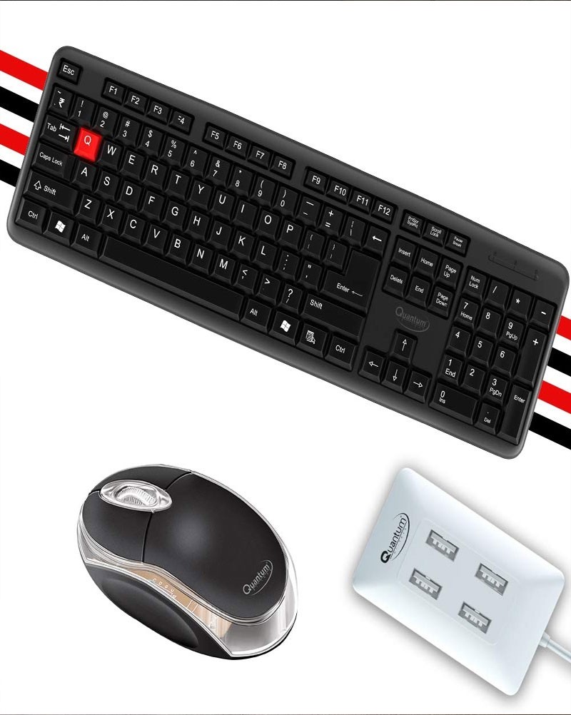 Quantum Wired USB Combo of 104 Keys Full-Size Keyboard, Customisable DPI Optical Mouse and 4 Port USB-Hub (QHM7403, QHM222, QHM6633) Compatible with Windows 10/8/7/Vista/XP and Mac